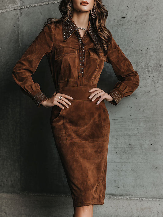 Western Brown Suede Studded Fitted Midi Dress Shirt Dress