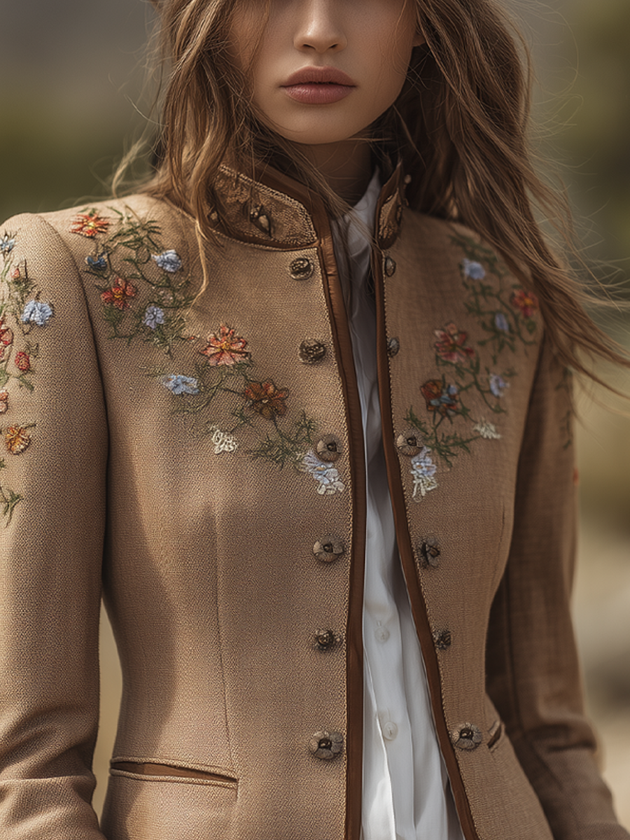 Vintage Embroidered Pocket Contrast Trim Jacket