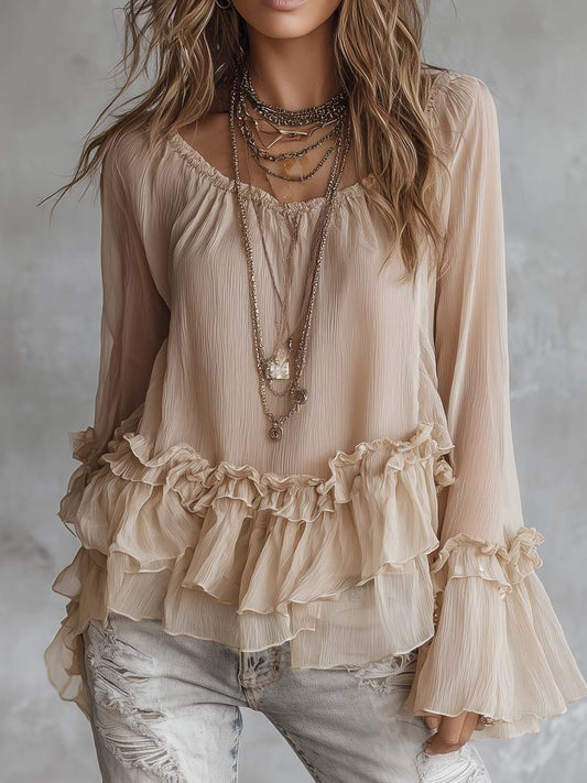 Vintage Ruffle Hem Pleated Chiffon Blouse