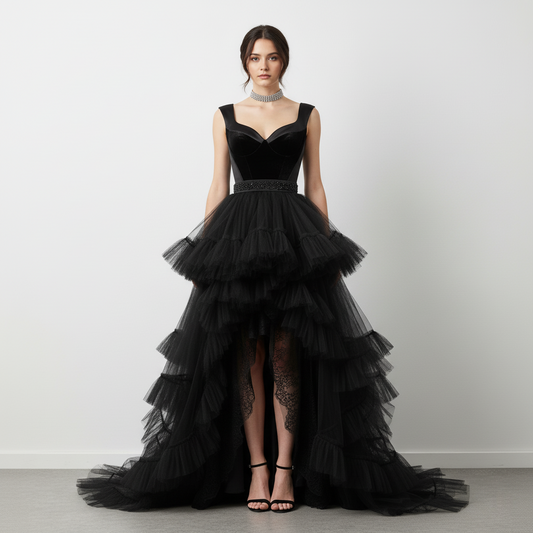 Elegant Black Tiered Ruffle High-Low Gown