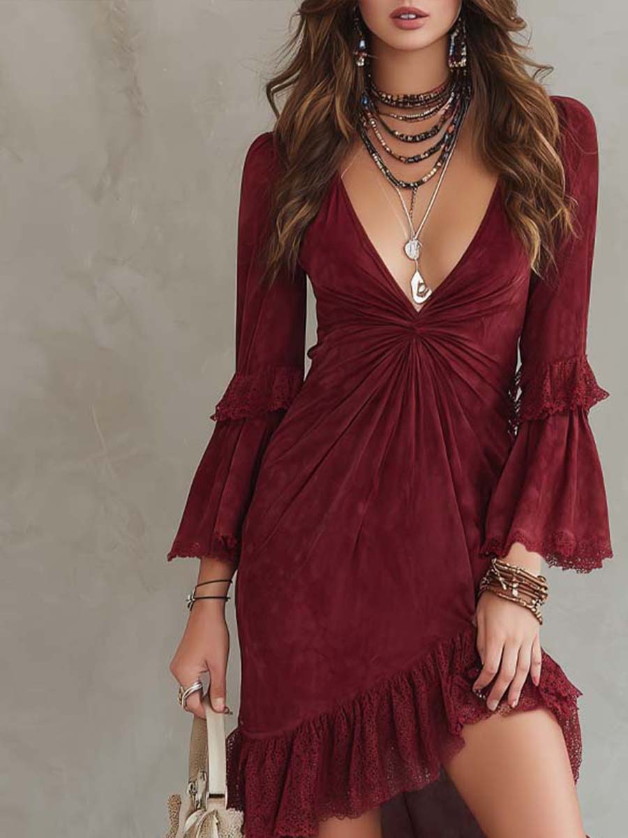 Vintage-style Irregular Hem Lace Trim Polyester Suede Midi Dress