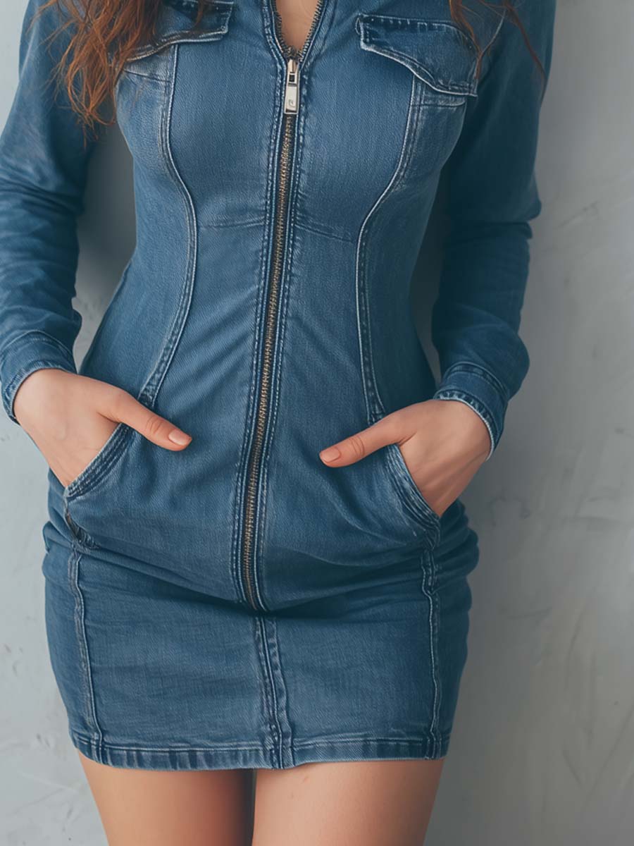 Vintage Zipper Placket Distressed Denim Mini Dress