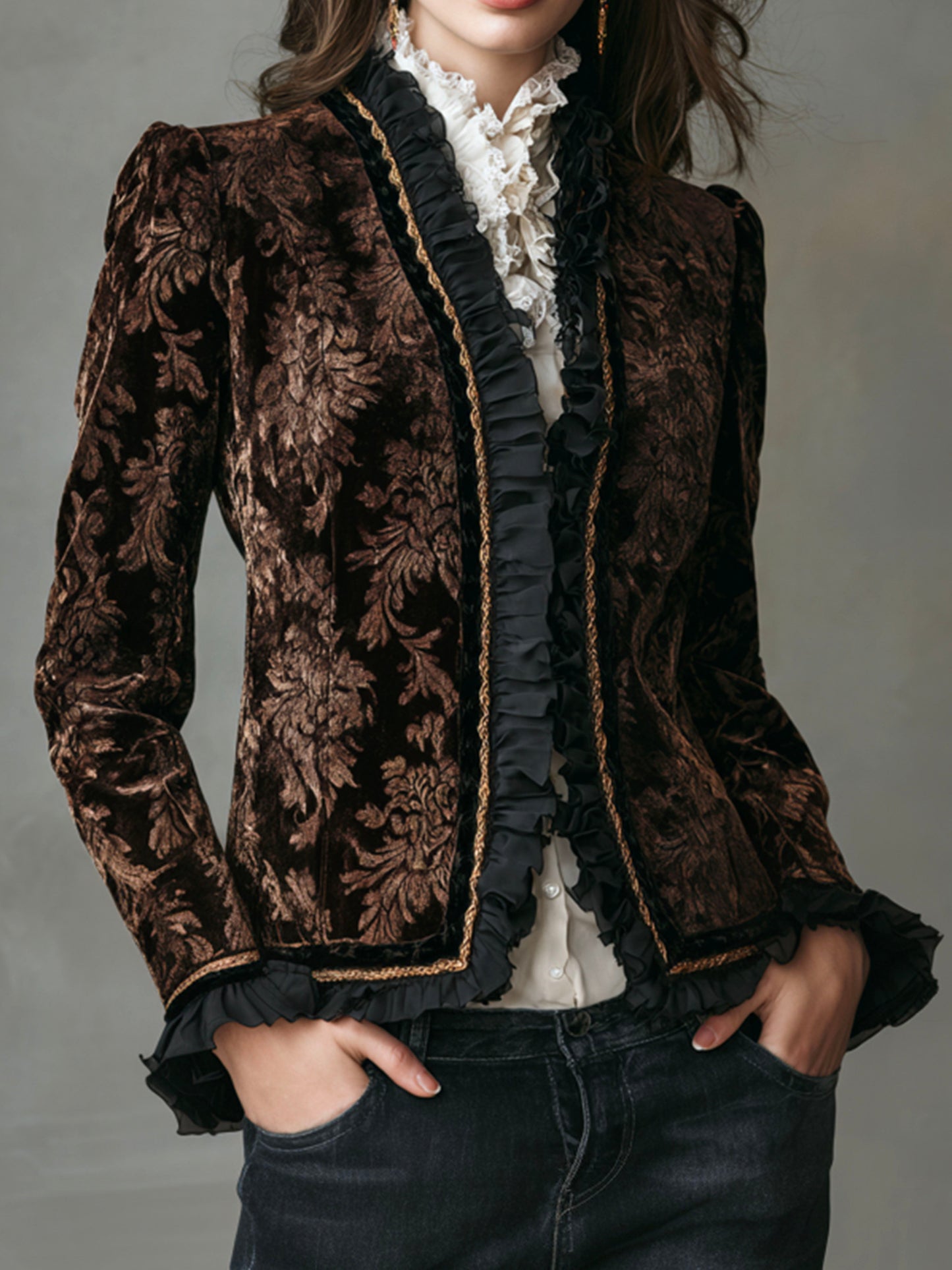 Vintage Ruffled Trim Baroque Brown Velvet Print Jacket