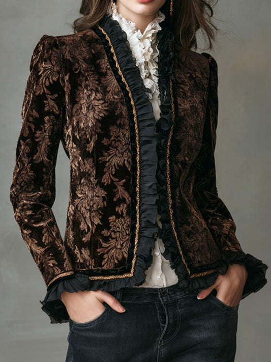 Vintage Ruffled Trim Baroque Brown Velvet Print Jacket