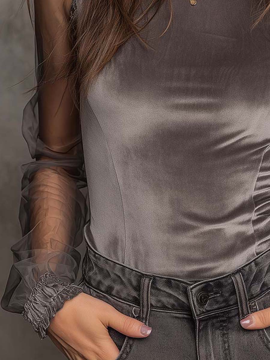 Velvet Mesh Panel High-Neck Top – Graphite Grey