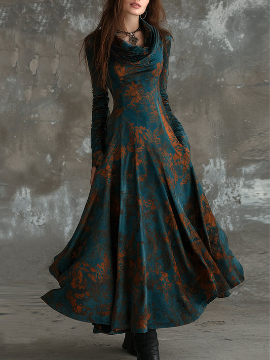 Retro Suede Printed Swag Collar A Line Maxi Dress