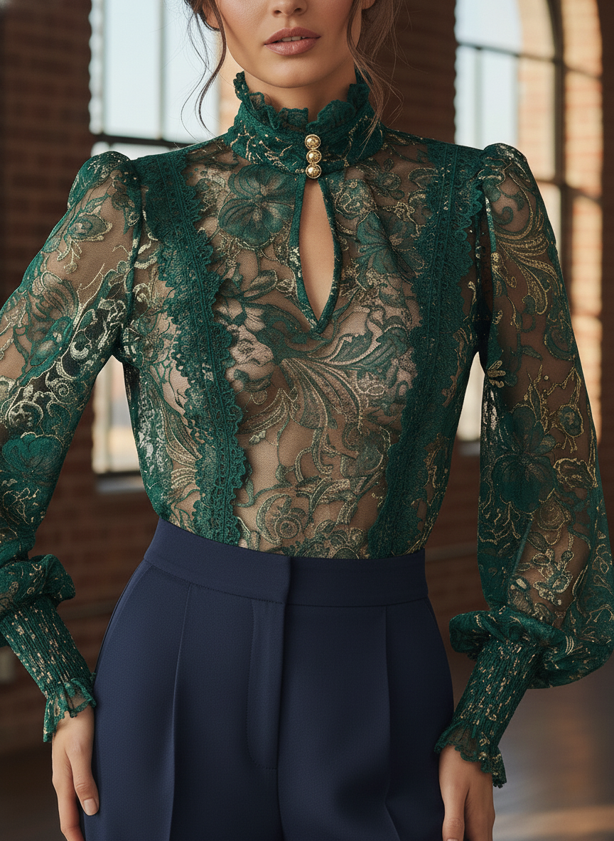 Emerald Green Gold Lace Sheer High-Neck Blouse with Keyhole Detail