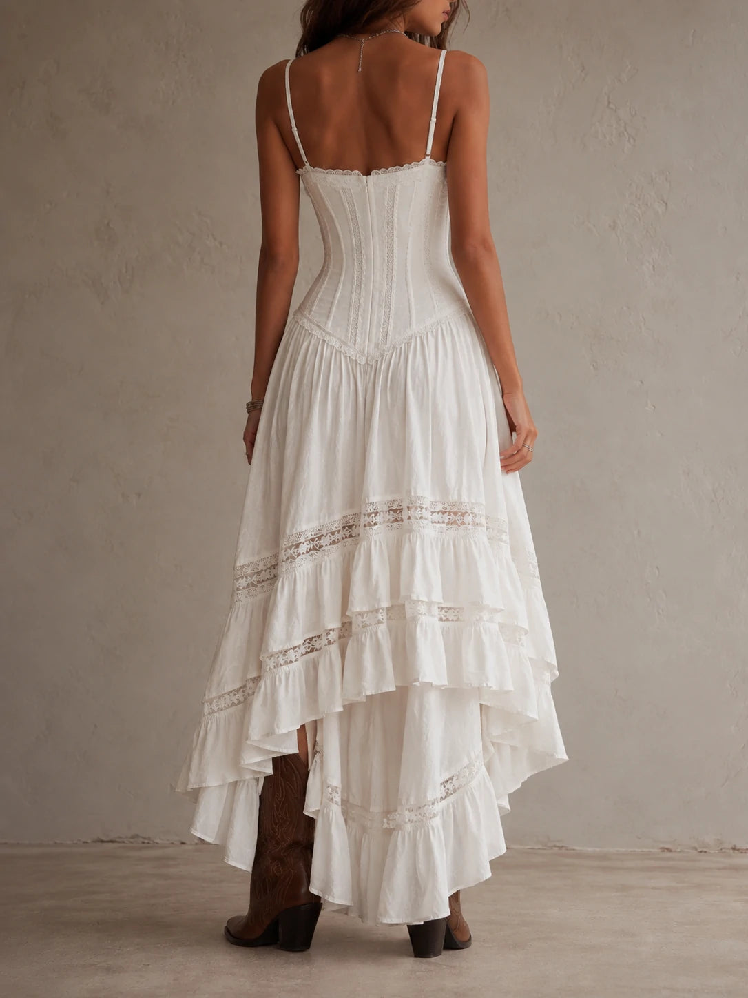 White Lace Corset Spaghetti Strap Ruffle Maxi Dress