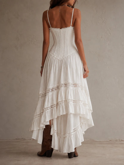 White Lace Corset Spaghetti Strap Ruffle Maxi Dress