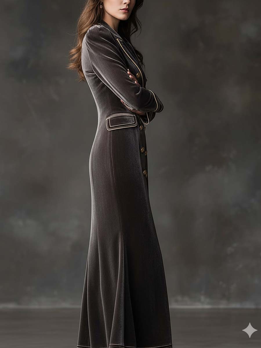 Velvet Double-Breasted Maxi Dress With Gold Trim