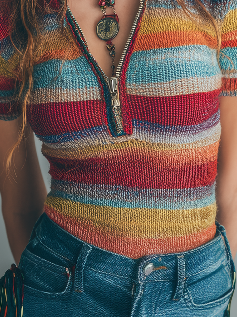 Retro Zipper Collar Colorful Striped Short Sleeve Knitted Blouse