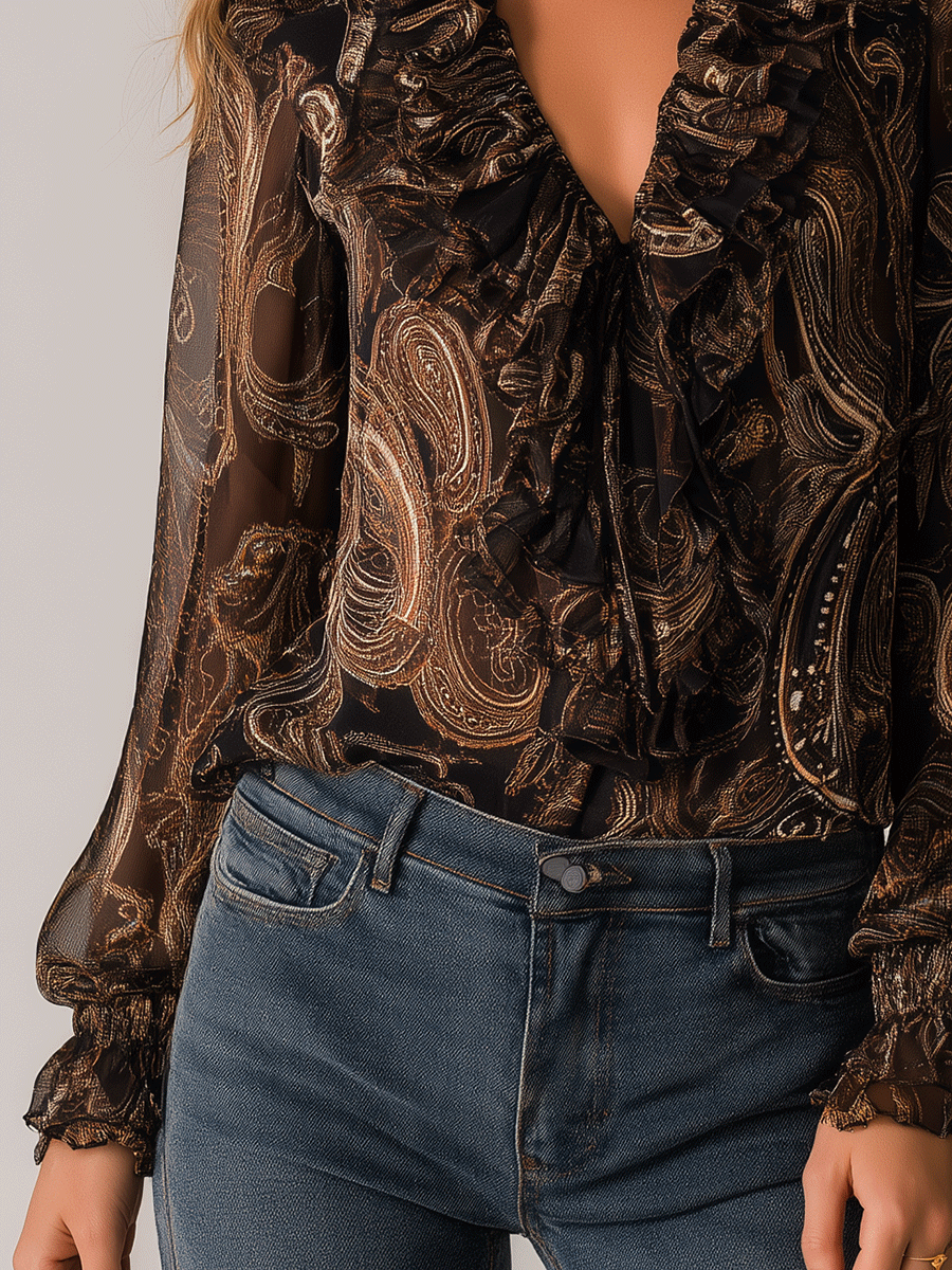 Vintage Ruffle Neck Paisley Chiffon Blouse