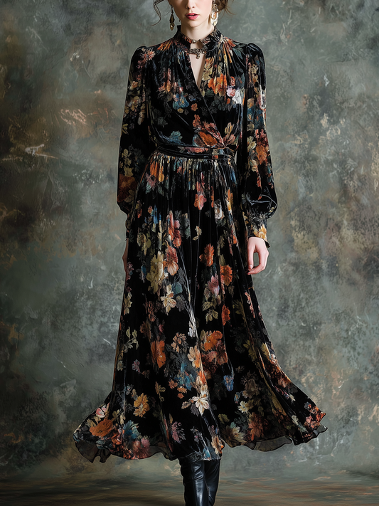 Retro Floral Round V Neck Velvet Midi Dress