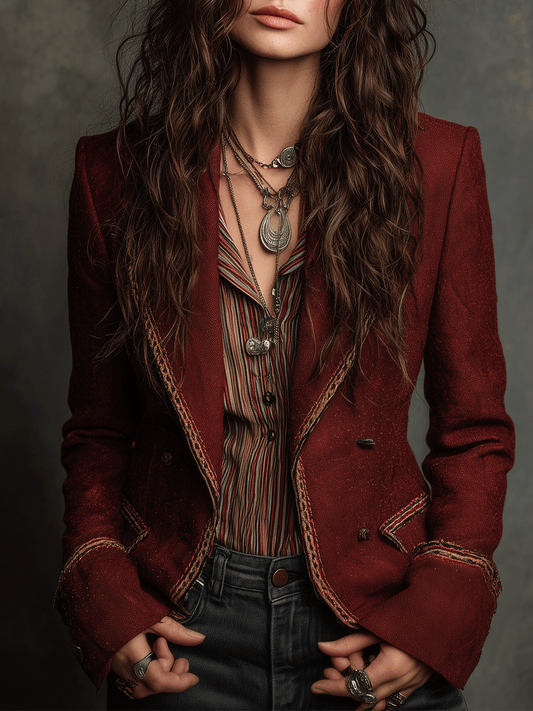 Rust Red Wool-Blend Tailored  Contrast Trim Blazer
