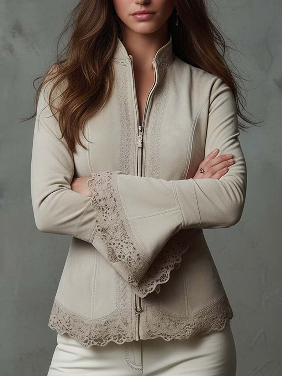Lace-Trimmed Eco-Suede Fitted Jacket In Ivory Beige