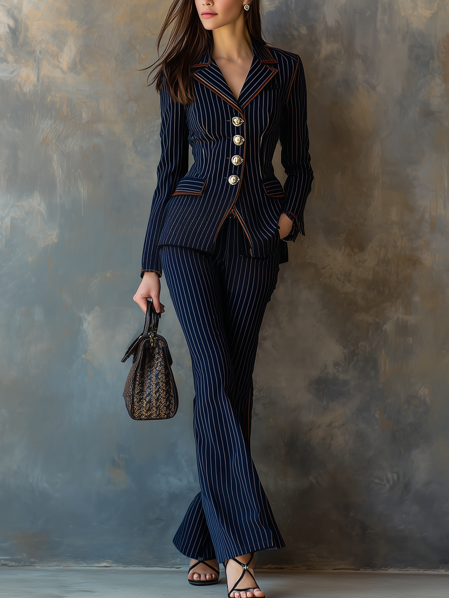 Retro Contrast Trim Striped Suit Matching Set