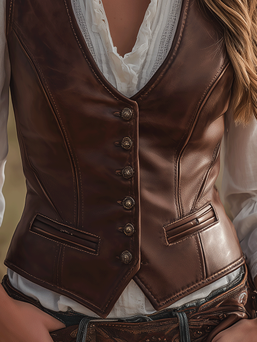 Vintage Western Chestnut Brown Faux Leather Button Vest