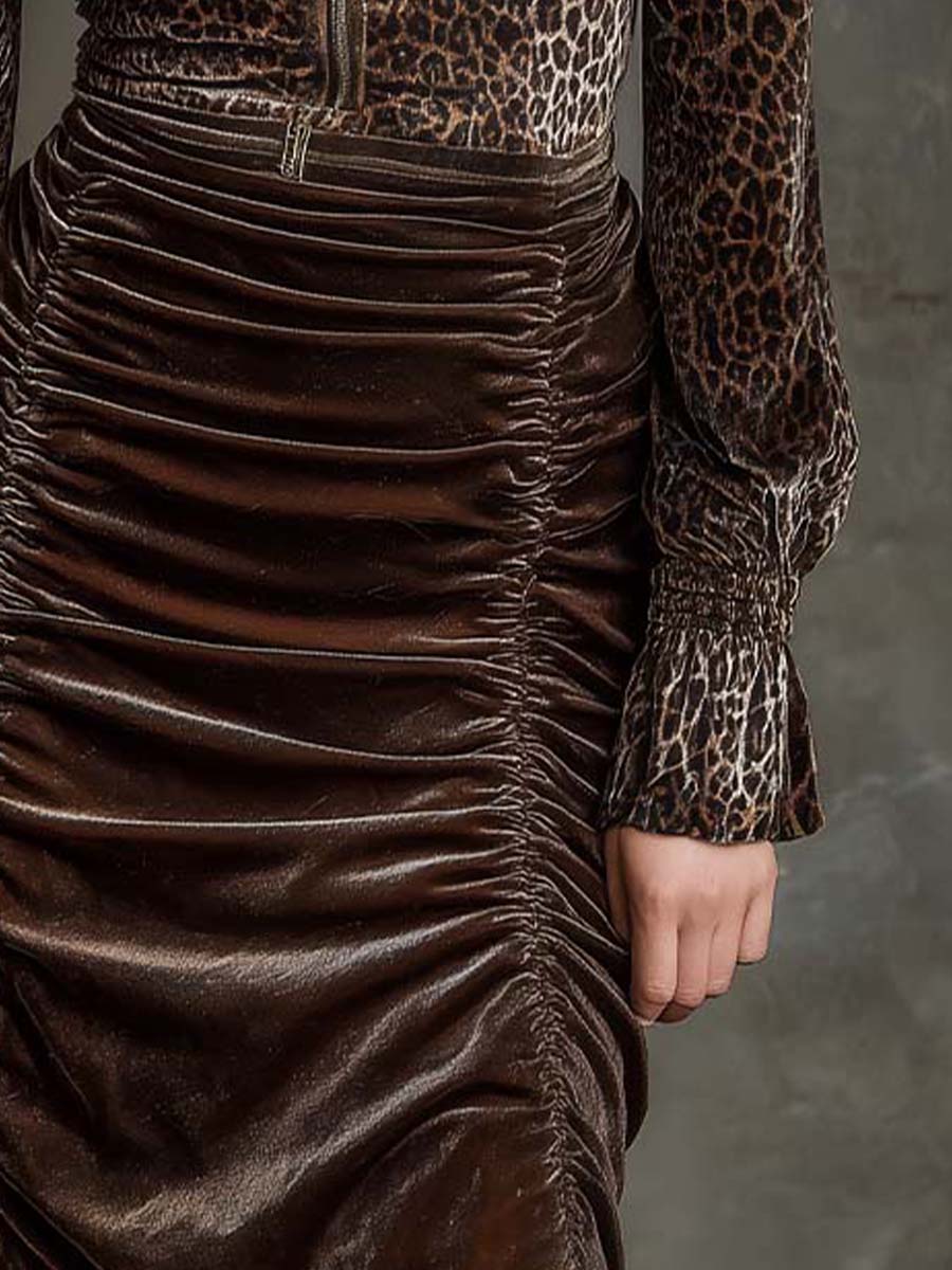 Leopard Print Velvet Ruched Bodycon Dress With Zipper Collar