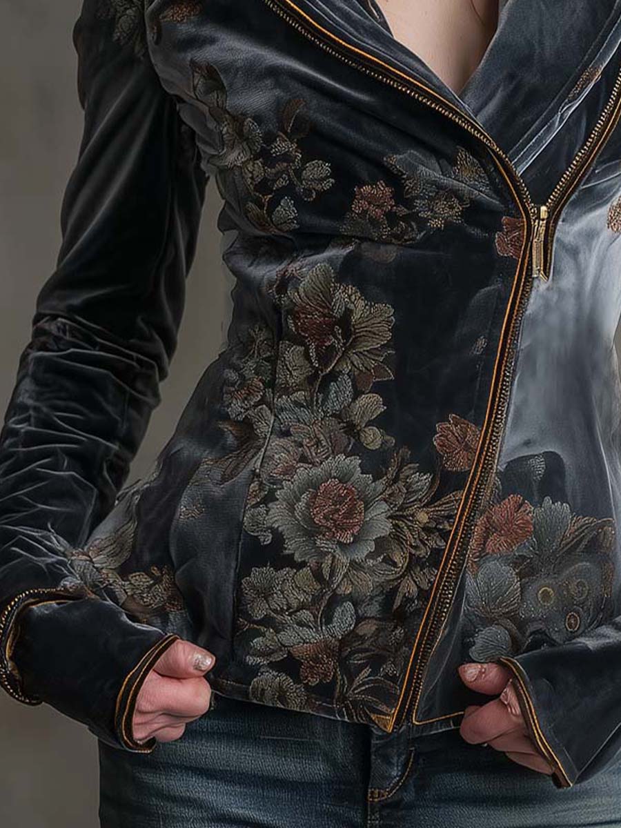 Vintage Floral Embroidered Velvet Moto Jacket – Midnight Bloom