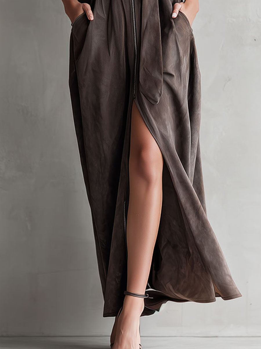 Utility Taupe Eco Suede Zipper Belted Maxi Dress