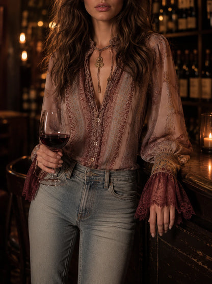 Boho Paisley Sheer Blouse With Lace Cuffs
