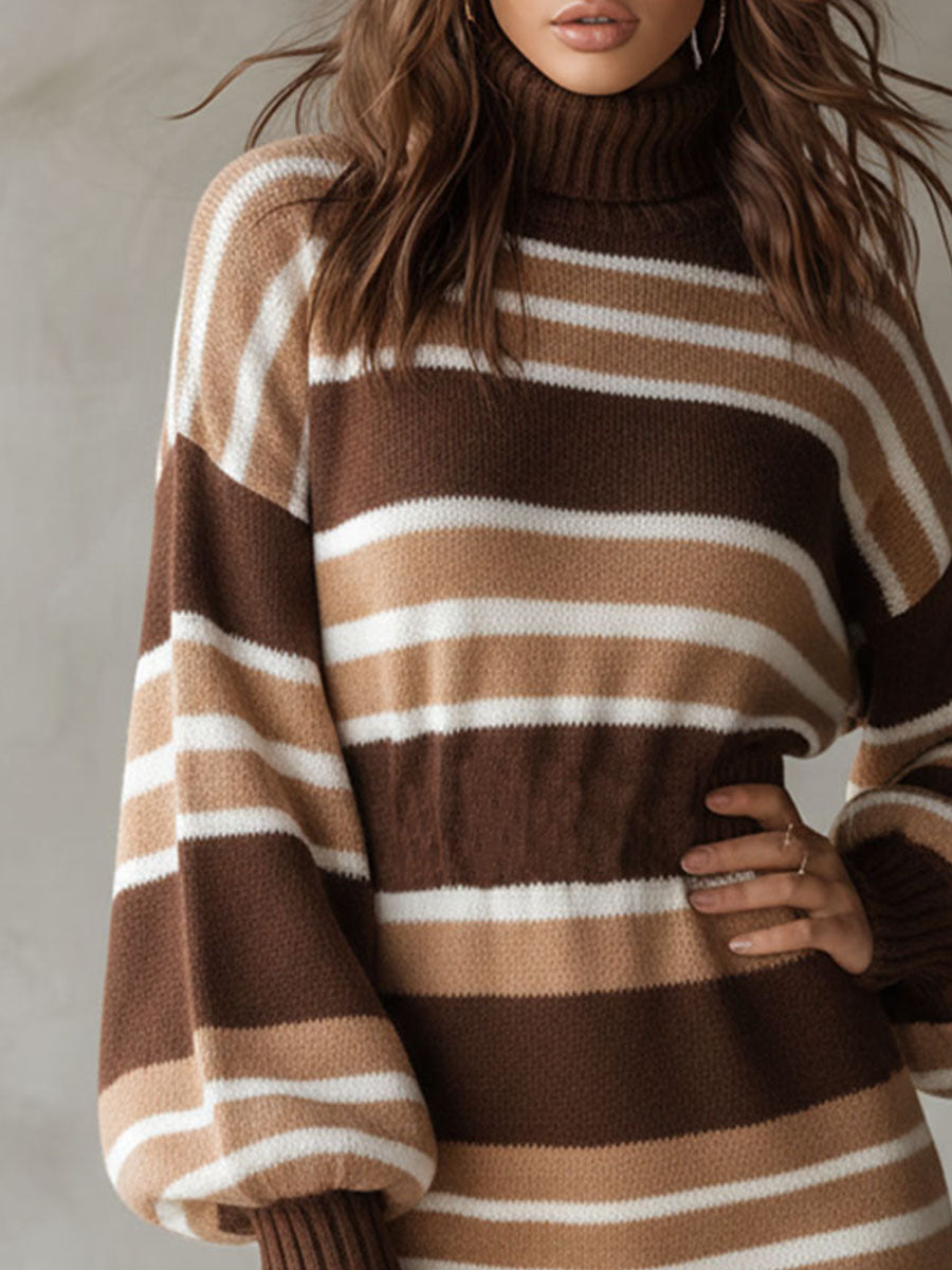 Chic Striped Knit Turtleneck Sweater Dress With Balloon Sleeves