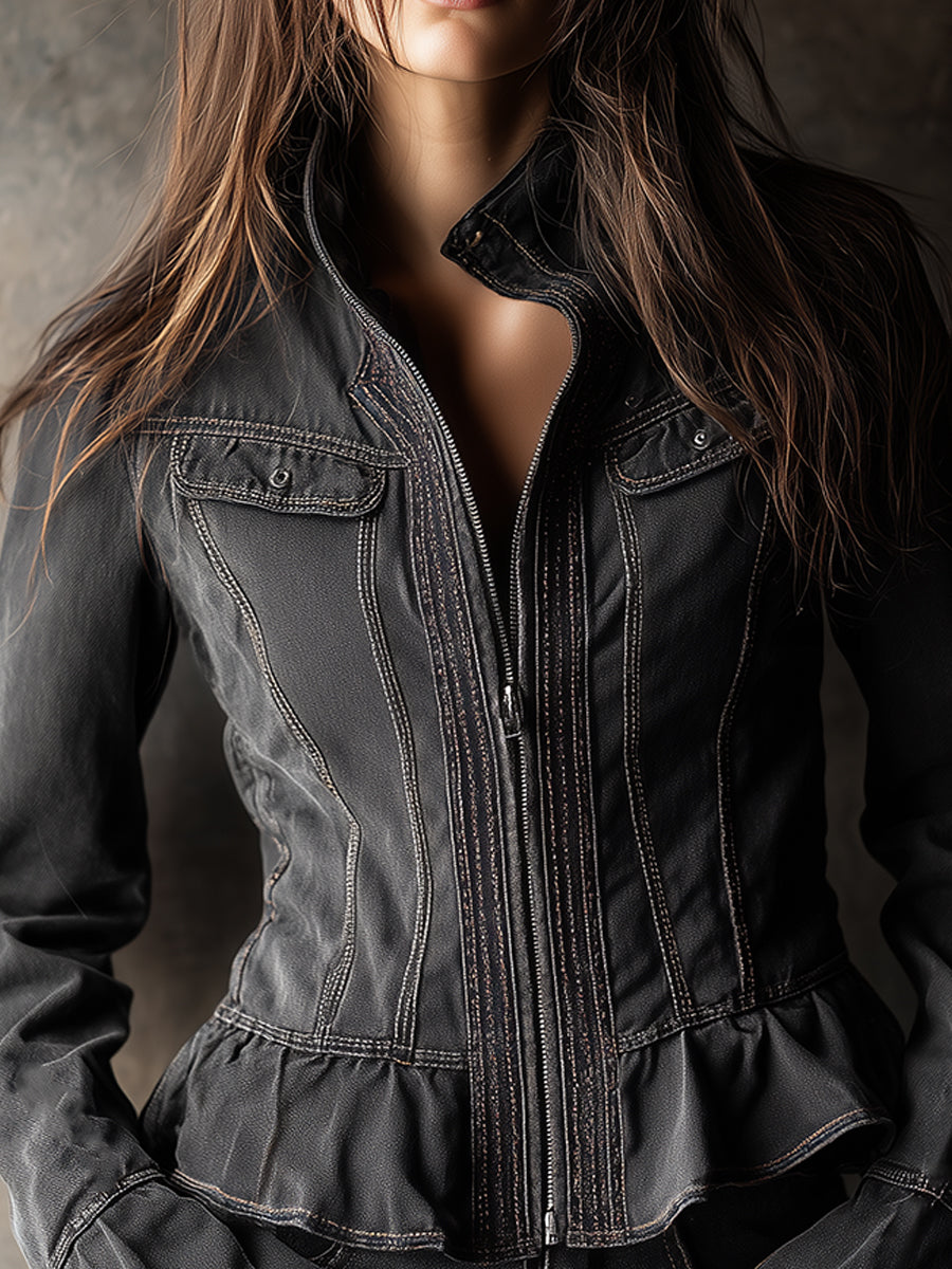 Bohemian Ruffled Hem Slim Fit Washed Denim Jacket