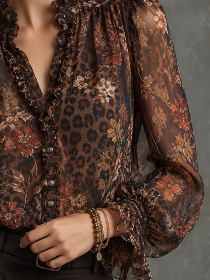 Floral Leopard-Print Ruffle Blouse