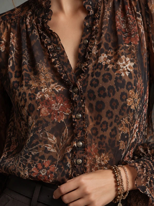 Floral Leopard-Print Ruffle Blouse