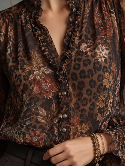 Floral Leopard-Print Ruffle Blouse