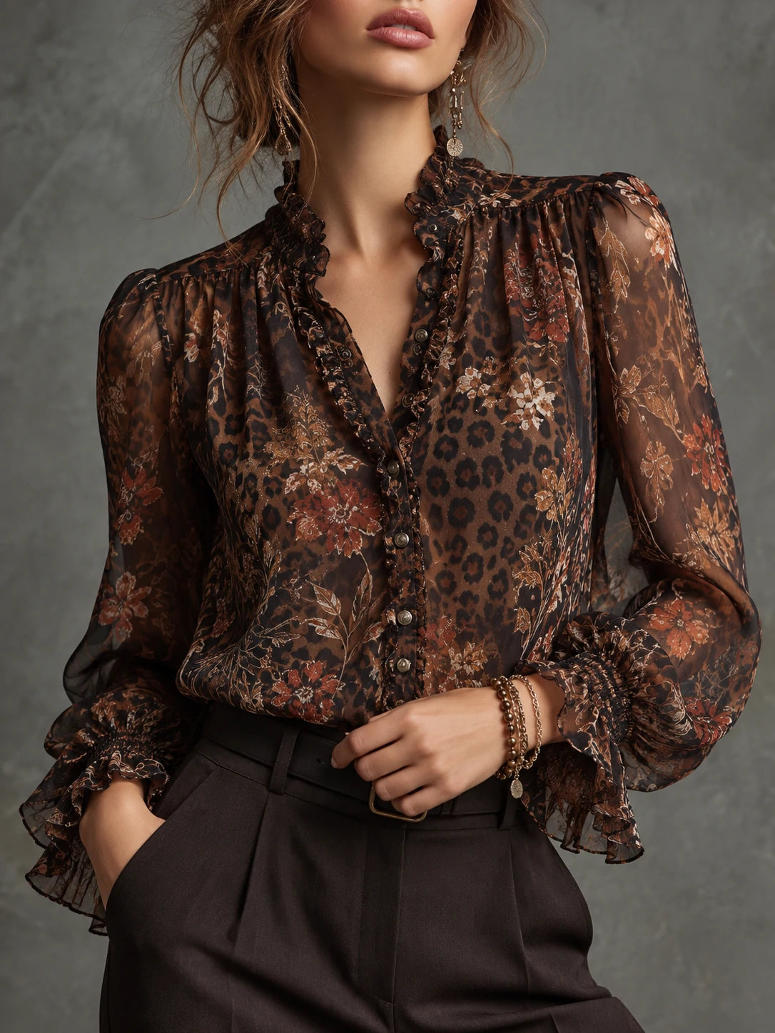 Floral Leopard-Print Ruffle Blouse