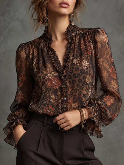 Floral Leopard-Print Ruffle Blouse
