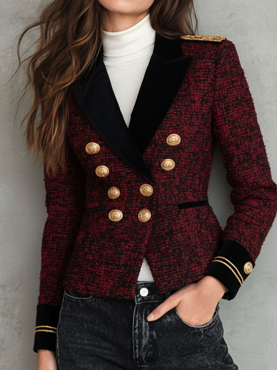 Vintage Velvet Lapel Burgundy Tweed Military Blazer