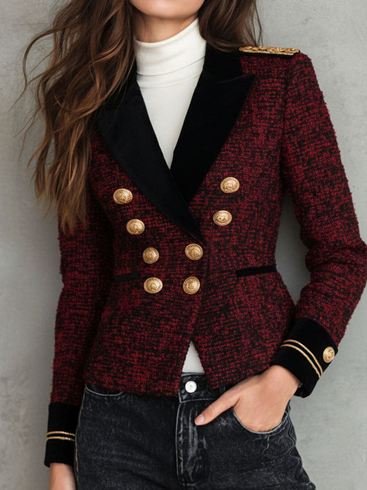 Vintage Velvet Lapel Burgundy Tweed Military Blazer