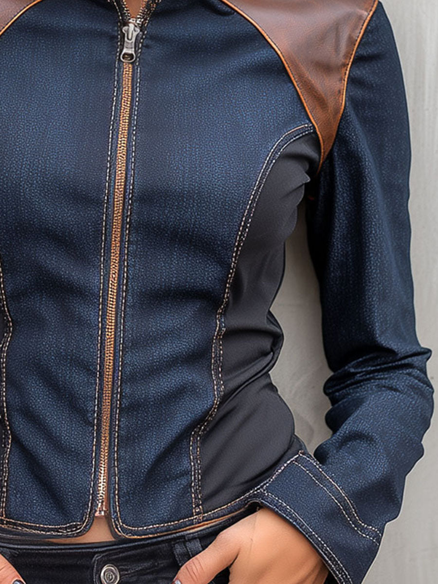 Dark Indigo Fitted Denim Moto Jacket With Brown Leather Patchwork
