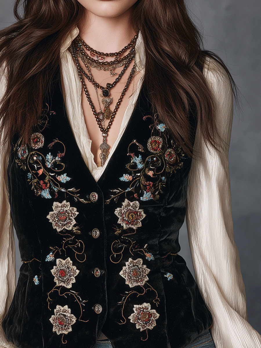 Bohemian Rose Embroidery Fitted Velvet Waistcoat