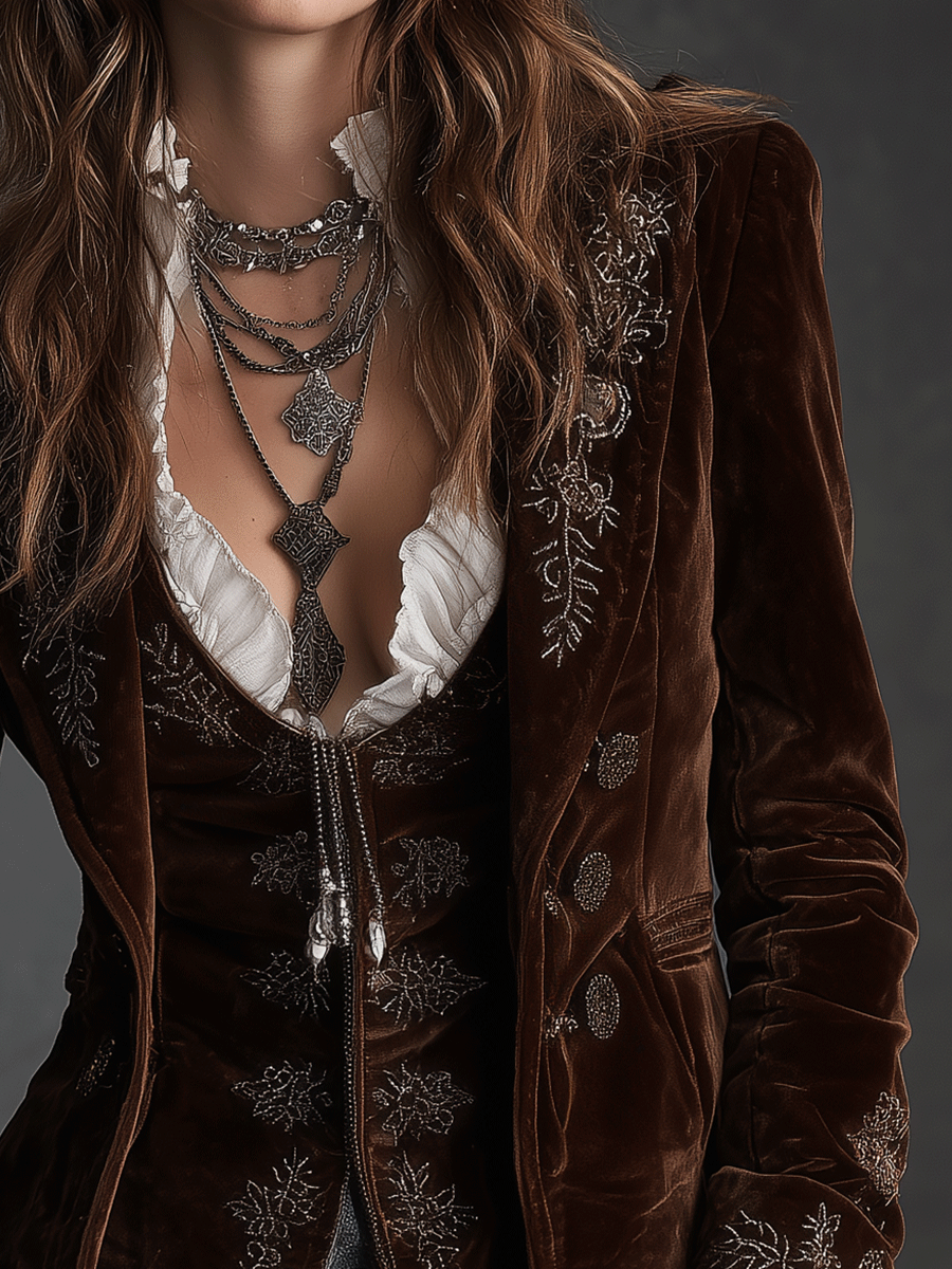 Vintage Brown Velvet Embroidered Blazer