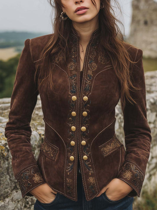 Baroque Gold Embroidered Micro Suede Slim-fit Jacket