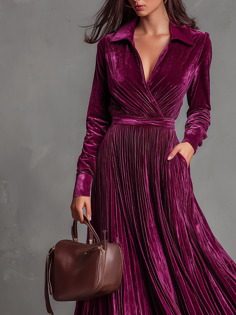 Retro Cross V-neck Pleated Velvet Maxi Dress