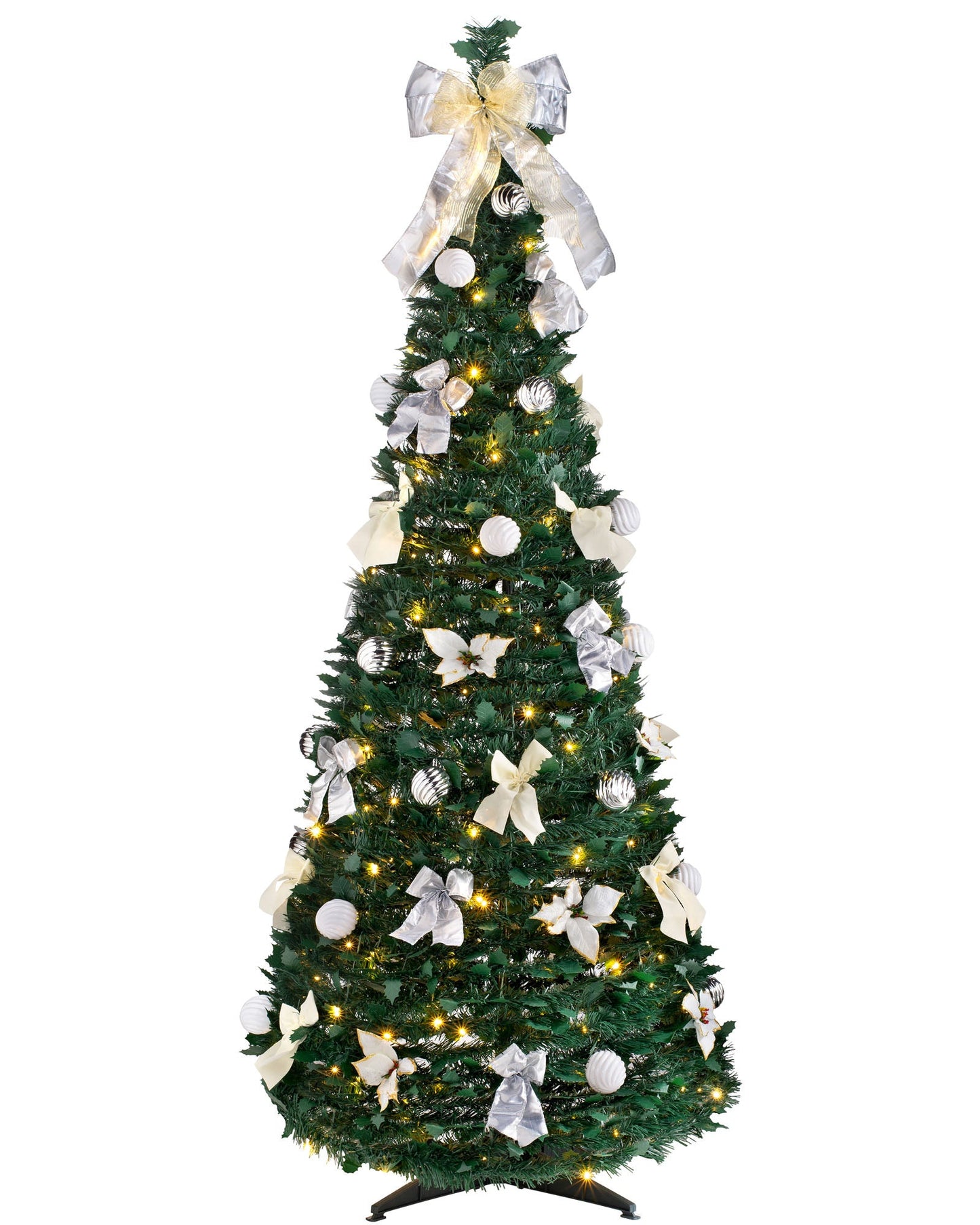 Pre-Lit Pop Up Decorated Christmas Tree with 200 Warm White LED Lights, 6 ft / 1.8 m