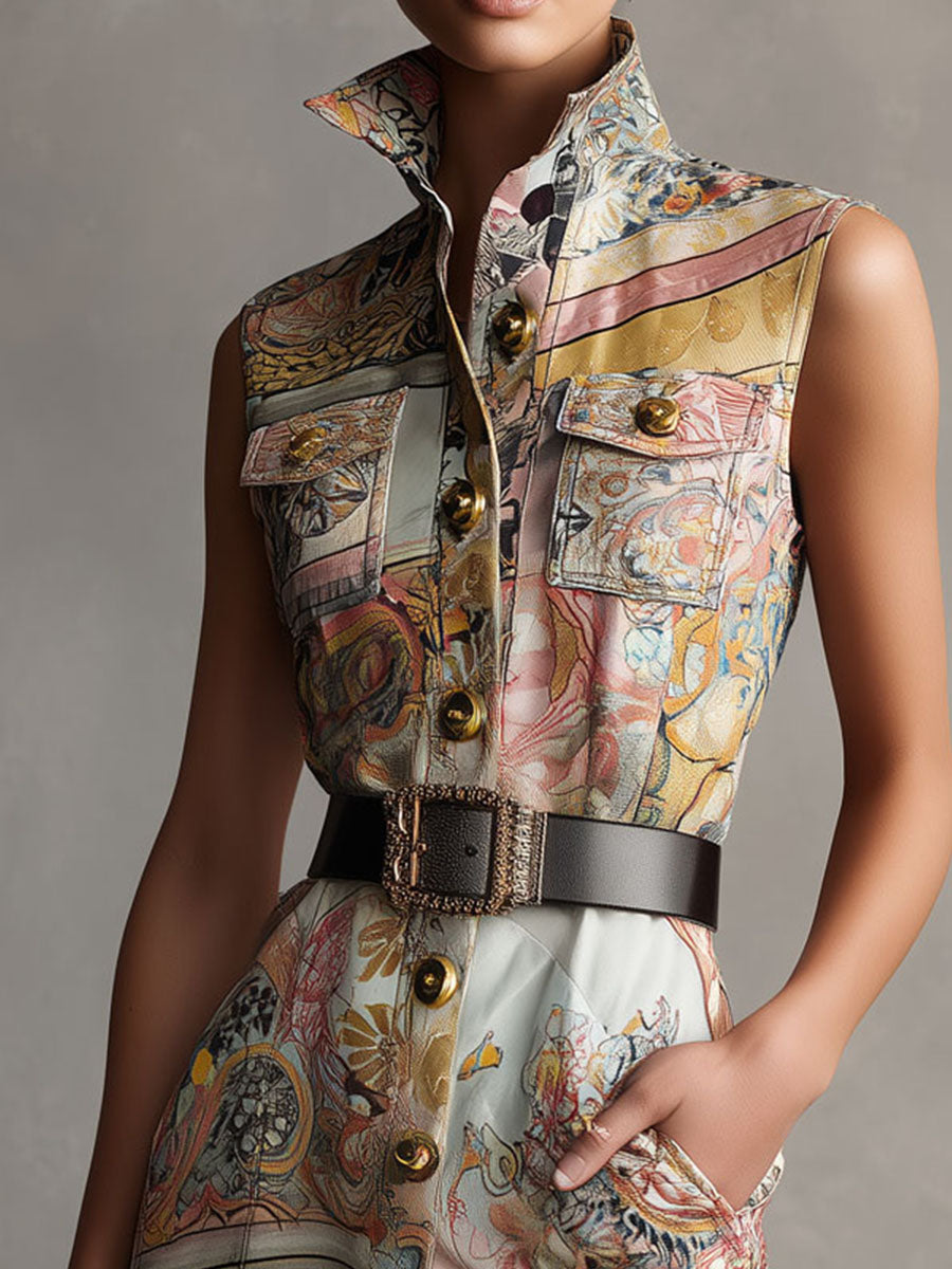 Retro Baroque Print Satin Sleeveless Shirt Dress