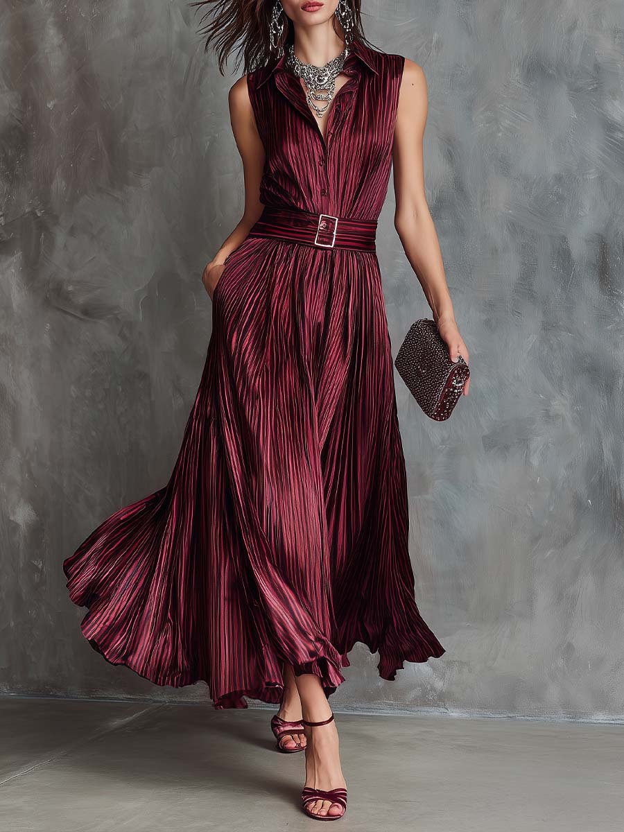 Vintage Glam Wine Pleated Belted Maxi Dress
