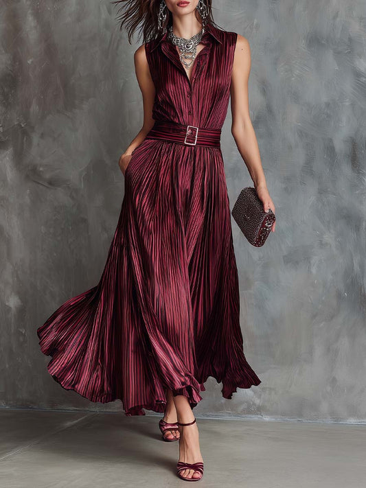 Vintage Glam Wine Pleated Belted Maxi Dress