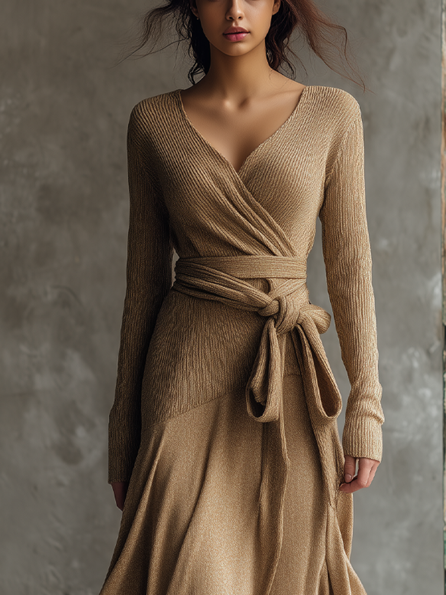 Retro Crossover Neck Knitted Mid-length Dress