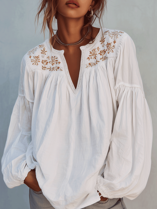 Boho White Embroidered Cotton Long Sleeve Blouse