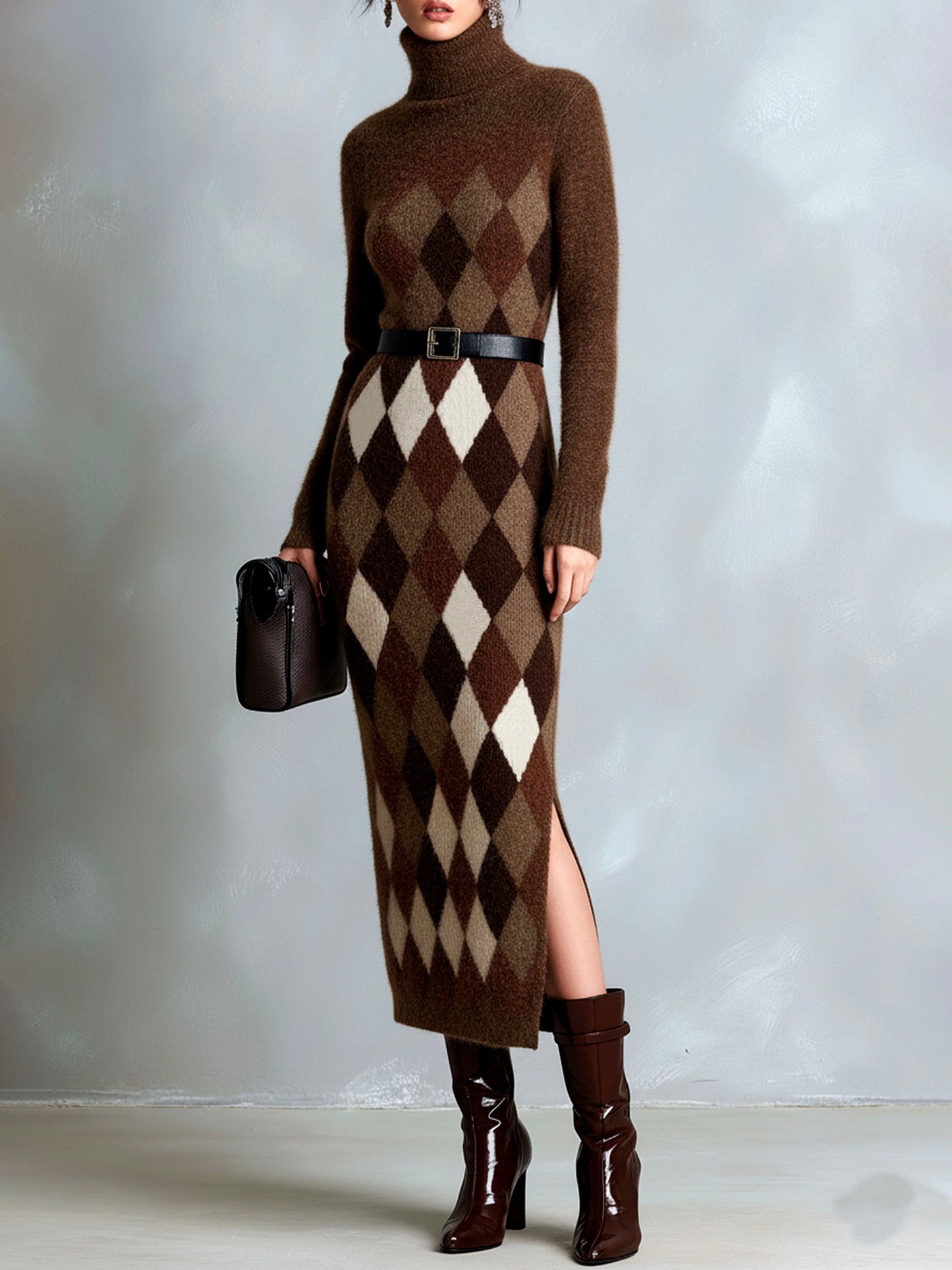 Brown Tones Fuzzy Argyle Turtleneck Knit Sweater Dress