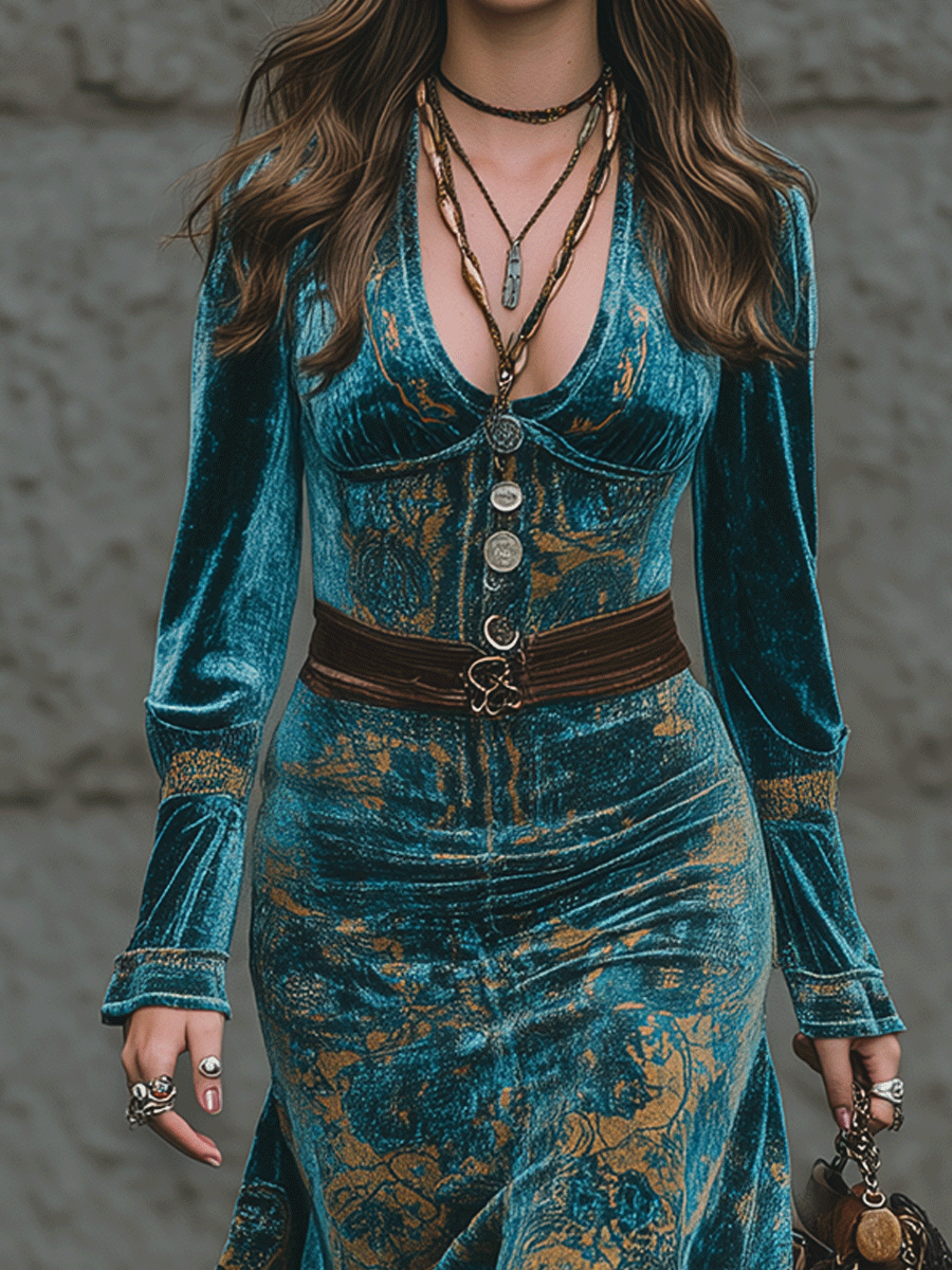 Retro-Chic Luxury Blue-Green Velvet Ruffled Hem Midi Dress