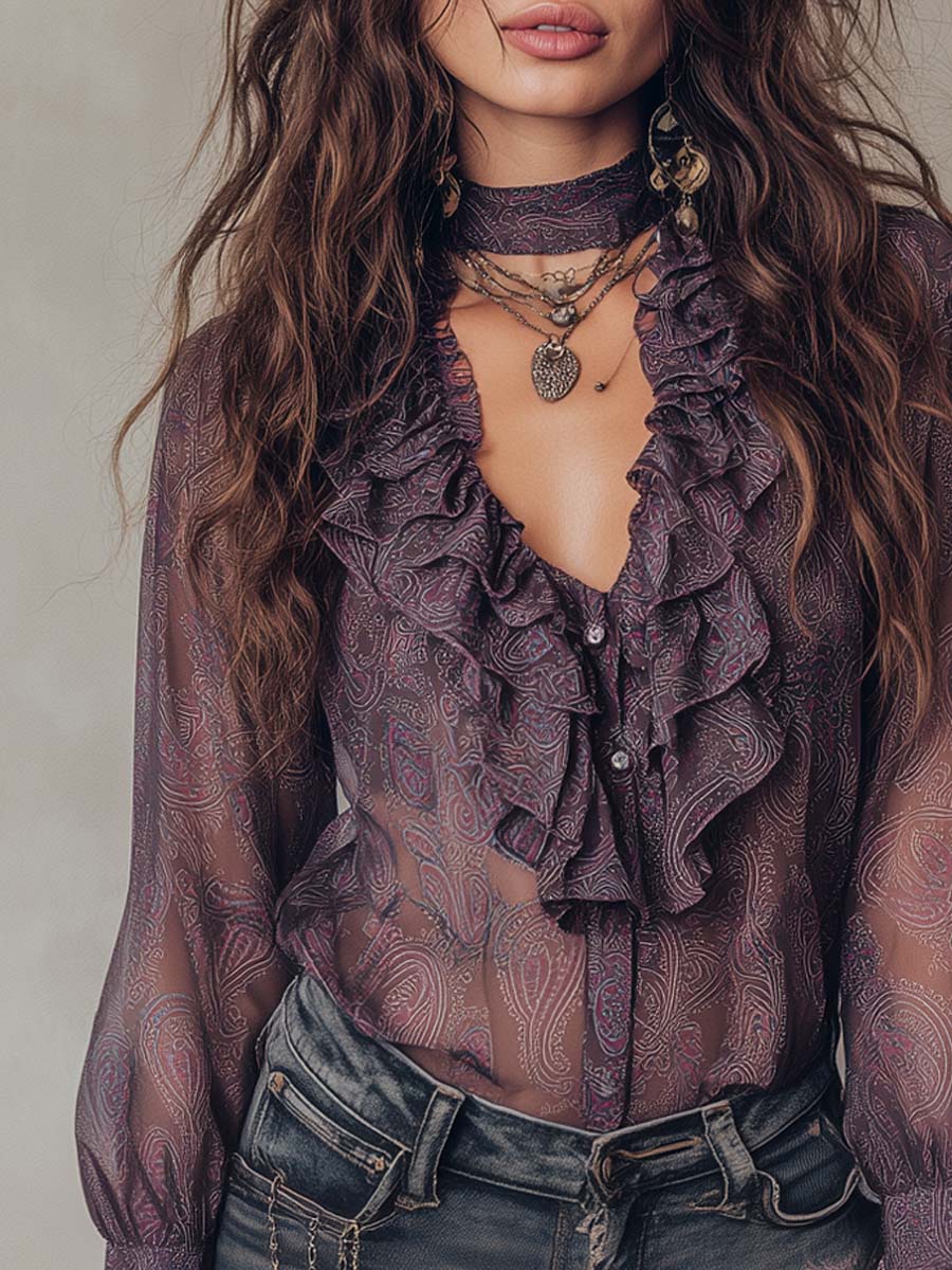 Vintage Paisley Print Ruffled Collar Chiffon Blouse