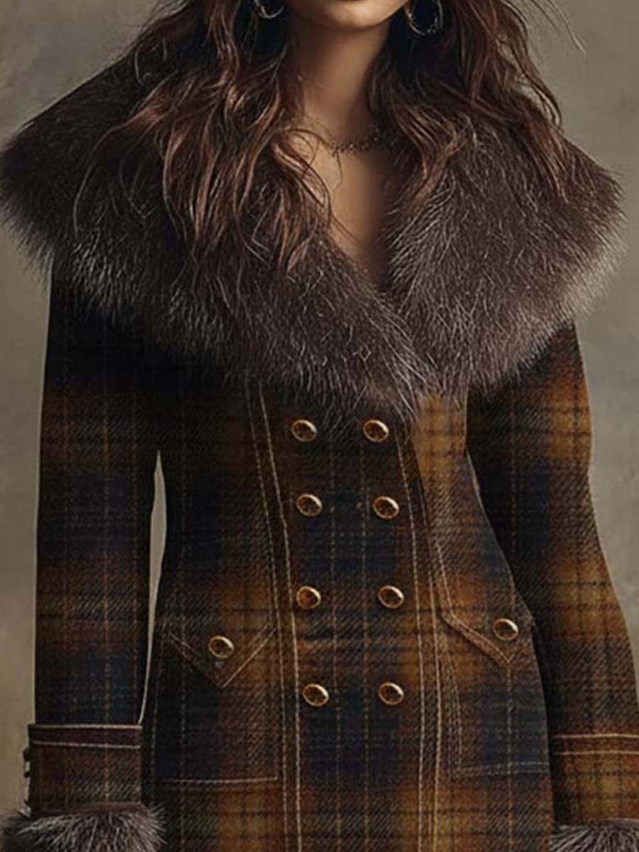 Vintage Plaid Wool-Blend Coat With Detachable Faux Fur Collar