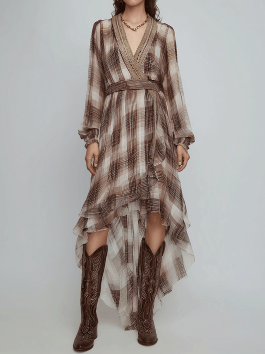 Romantic Soft Plaid Ruffle Chiffon Maxi Dress